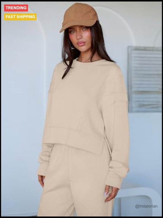 Cropped Sweatshirt Joggers Lounge Set Loose Fit Rayon Polyester Elastane - Picture 6 of 7